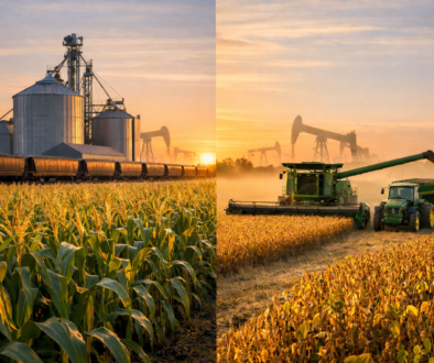 Corn and soybean fields representing rising grain markets influenced by energy prices