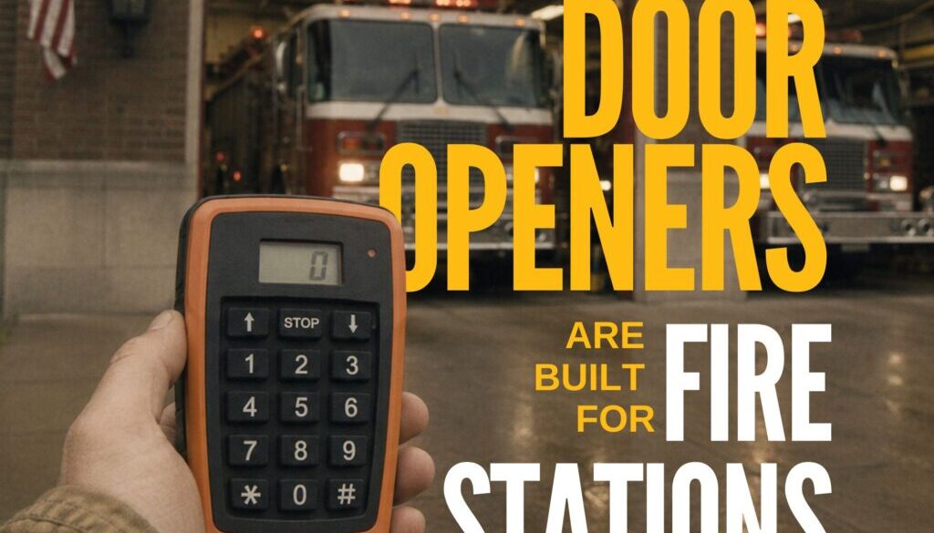 Control Chief Access 1000 industrial remote control in front of a fire station with multiple apparatus bays and fire trucks ready for emergency response.