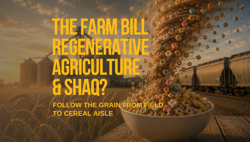Cereal tornado over a wheat field representing General Mills, regenerative agriculture and Shaquille O'Neal