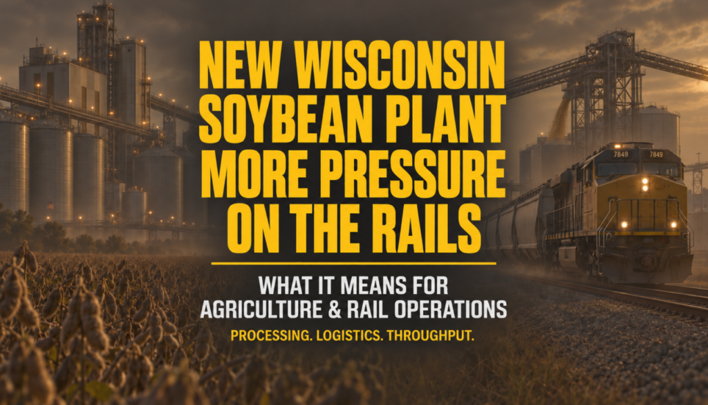 Soybean processing plant and freight train illustrating increased pressure on Wisconsin agricultural rail operations.