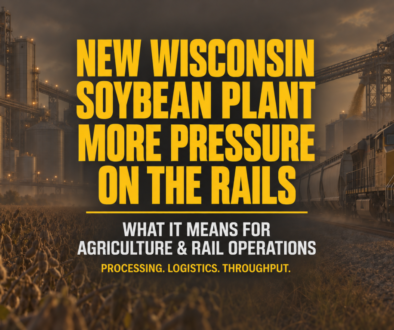 Soybean processing plant and freight train illustrating increased pressure on Wisconsin agricultural rail operations.