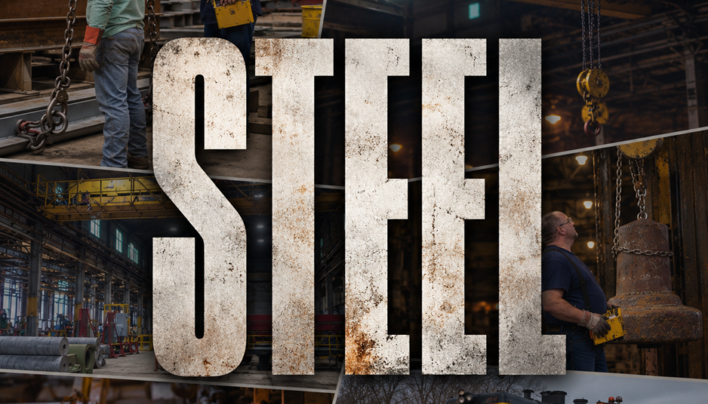 Industrial steel mill collage featuring overhead cranes, wireless crane remote control operators, steel production equipment, and an industrial locomotive