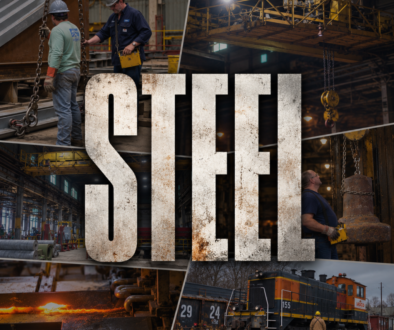 Industrial steel mill collage featuring overhead cranes, wireless crane remote control operators, steel production equipment, and an industrial locomotive
